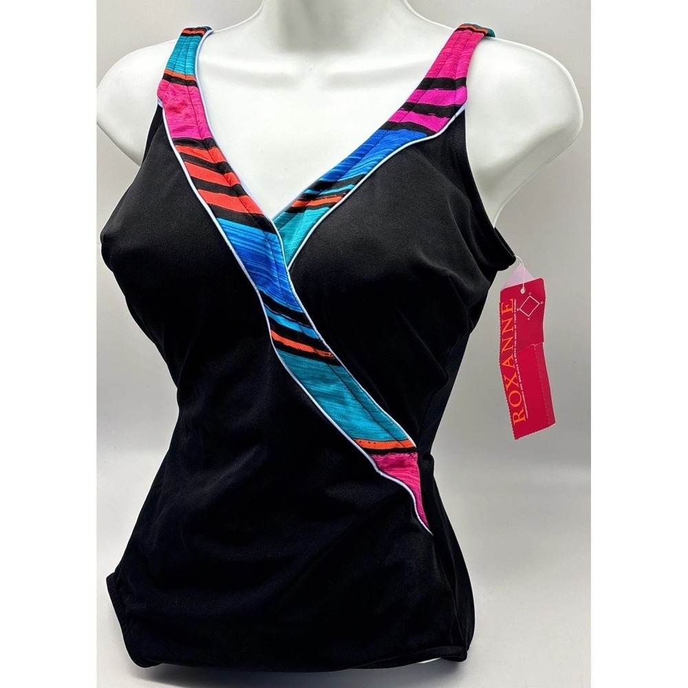 NWT Roxanne Black Stripe One Piece Swimsuit V neck Size 12, 34D cup 80"s 90"s